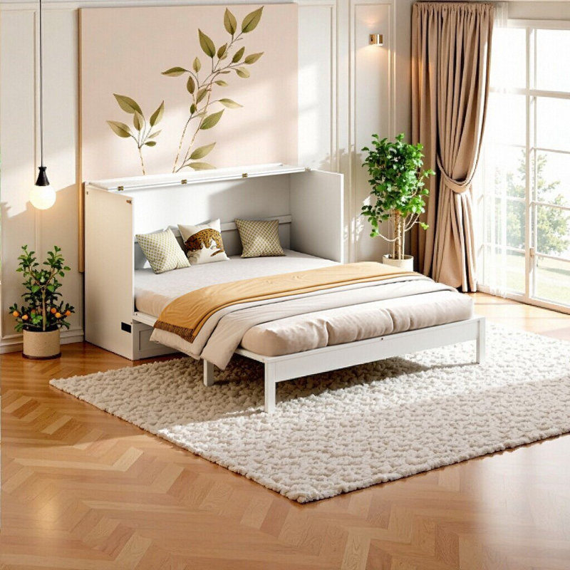 Grand lit escamotable élégant avec grands tiroirs - Meuble blanc peu encombrant pour petits espaces, Blanc