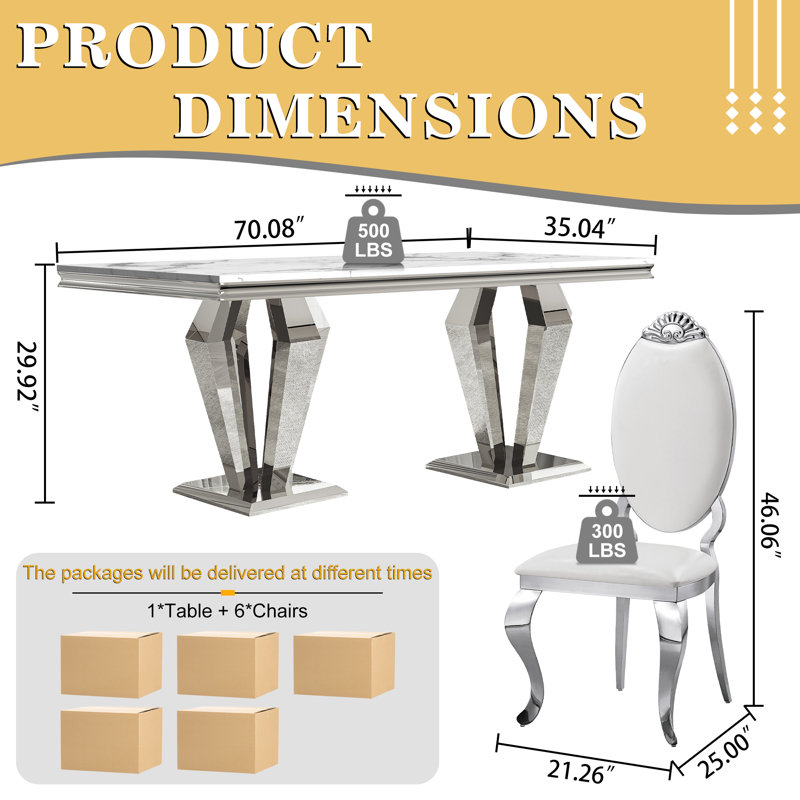 70"Faux Marble Dining Table,Rectangular Kitchen Table With Diamond-Shape Stainless Steel Legs For Kitchen, Living Room