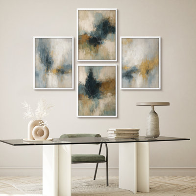 «Blue and Gold», ensemble de 4 reproductions d'art encadrées abstraites contemporaines encadrées - blocs de couleurs modernes pour vestibule de salon