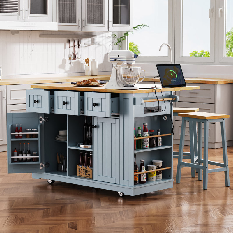 53inch Large Kitchen Island with 2 Bar Stools, Power Outlet, Blue