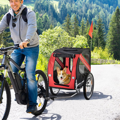 Aosom Dog Bike Trailer Pet Cart Bicycle Wagon Cargo Carrier Attachment For Travel With 3 Entrances Large Wheels For Off-Road & Mesh Screen - Red/Black