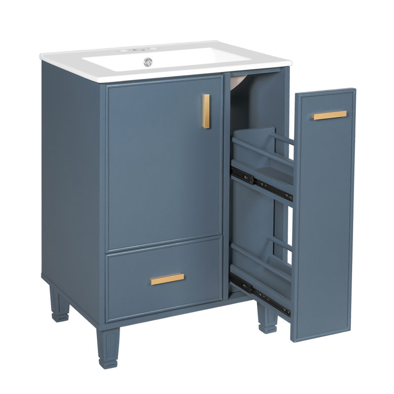 Meuble-lavabo 24 po avec lavabo, armoire de salle de bain avec tablette de porte, tiroir profond, panier coulissant à 2 niveaux, structure en bois massif et panneau de fibres à densité moyenne, un paquet, gris