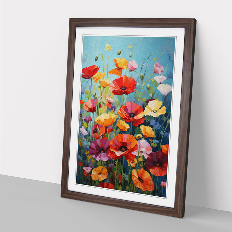 Poppy Flower Colour Field - Single Picture Frame Print on Wood, 46cm H x 34cm W x 2cm D, Walnut Framed