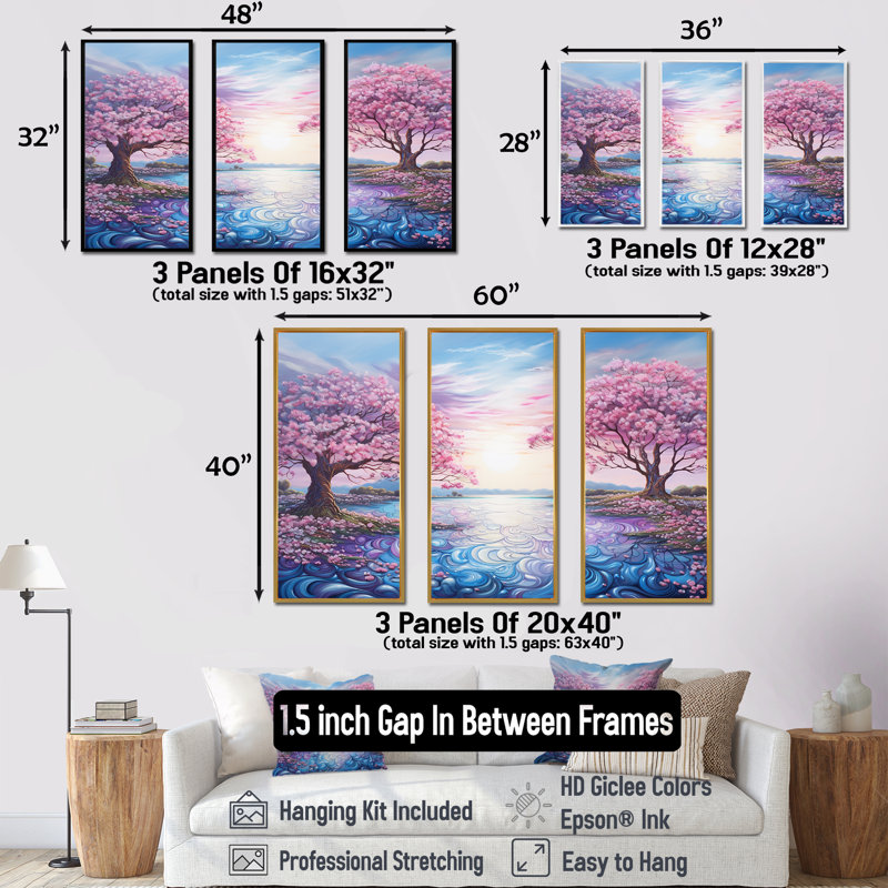 «Beautiful Pink Rhododendron Landscape - Flower Field Wall Art Living Room», ensemble, Cadre naturel flottant