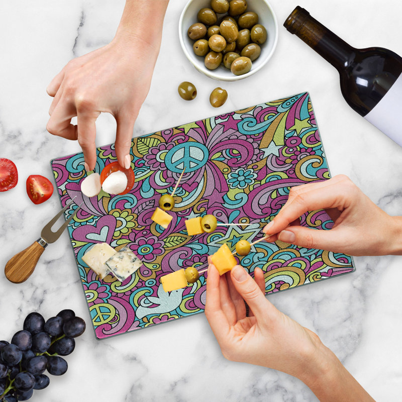 Ambesonne Groovy Tempered Glass Cutting Board Funky 60s Fun Retro Multicolor