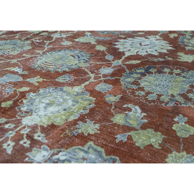 Wool Floral Area Rug in Rust/Blue