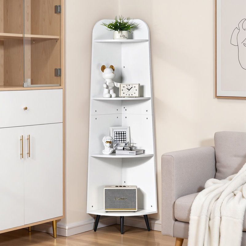 4 Tier Corner Shelf Bookcase, Tall Narrow Corner Storage Rack,  Wooden Display Shelf Organizer, Space Saving Bookshelf, White