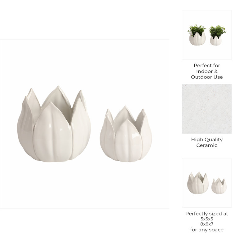 Sagebrook Home 2-Pieces Petal Planters, White, 7" H x 8" W x 8" D, White