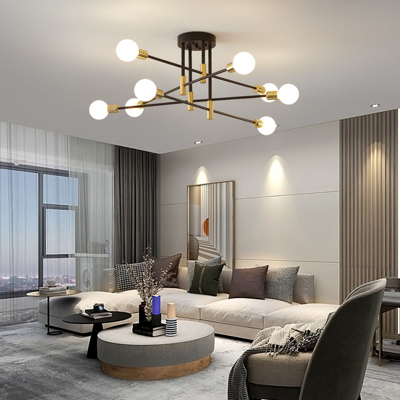 Karren - Mid Century Modern Nordic Dimmable Sputnik Chandelier Sphere Cylinder Flush Mount, Black/Gold, 8 Lights