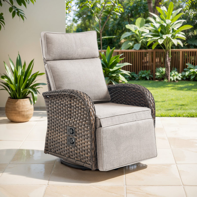 Esquer 59" Outdoor Wicker Poolside Reclining Swivel Single Chaise Lounge With Adjustable Recliner And Cushions, Beige