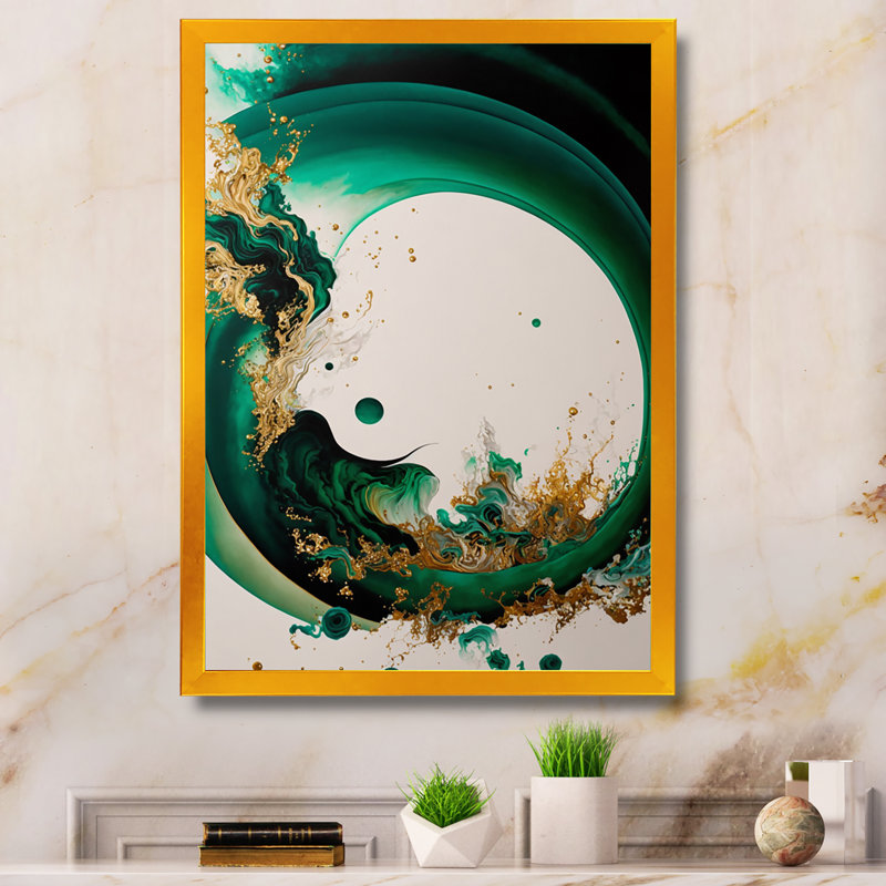 Vert émeraude et vagues abstraites dorées II - peinture sur toile, H 32 po x l 24 po x P 1 po