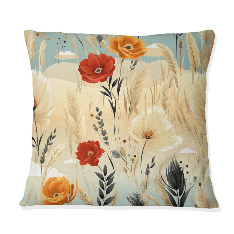 Coussin décoratif à motif floral bohème beige IV, H 16 po x l 16 po