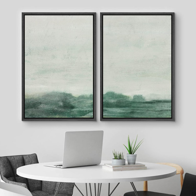 «Minimal Landscape Green Blue Landscape», reproduction de tableau encadrée sur toile 2 pièces, Noir
