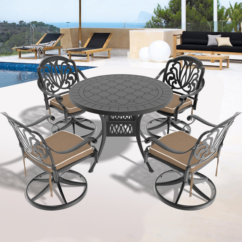 Table ronde 39,37 po All-Weather 5, 4 chaises pivotantes, fonte d'aluminium noir, 5 pièces: table, 4 chaises