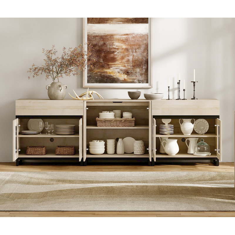Storage Cabinet With Glass Doors, 3 In 1 Modern Sideboard With Adjustable Shelves And 2 Drawers, Coffee Bar Cabinet For Living Room, Kitchen