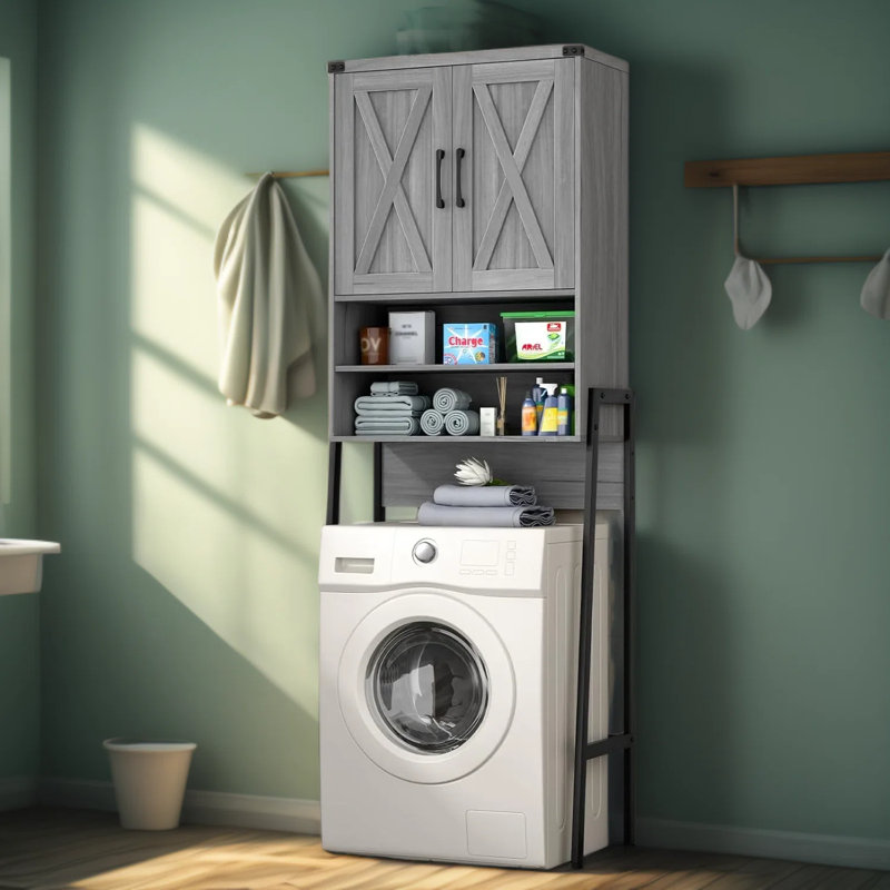 Armoire de rangement au-dessus de la toilette avec portes de grange - Organisateur de salle de bain peu encombrant avec tablettes réglables et cadre en métal pour la toilette, la salle de bain ou la salle de lavage