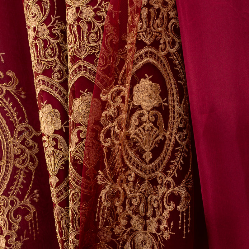 Ekene Window Curtain With Attached Valance & Backing, Burgundy/Gold