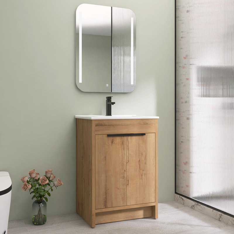 Meuble-lavabo autoportant 24 po avec lavabo en céramique blanche et 2 portes d'armoire à fermeture en douceur, Imitation