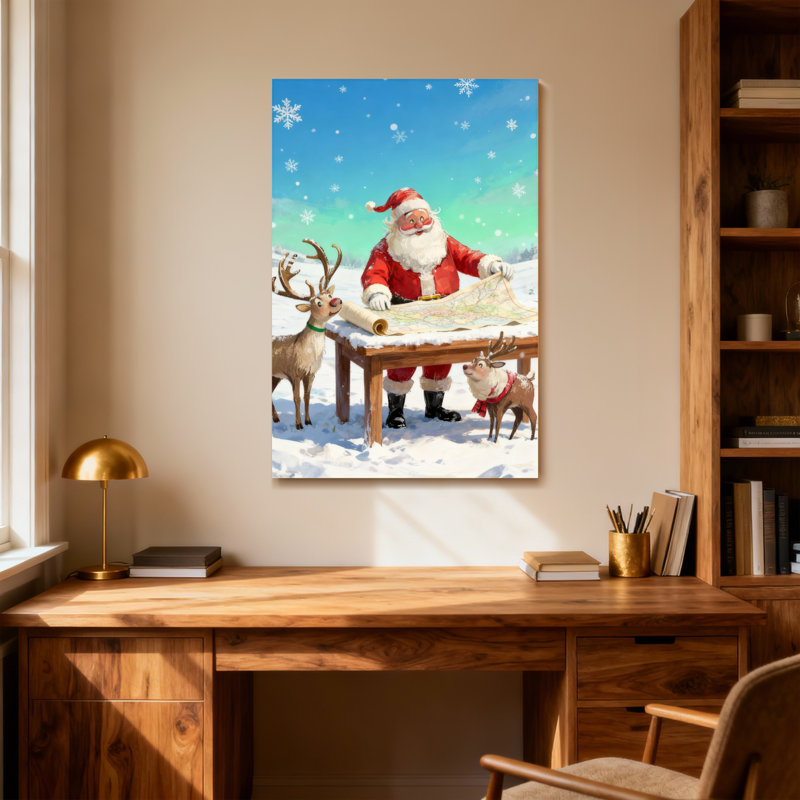 Noël père Noël avec renne et carte, H 18 po x l 12 po