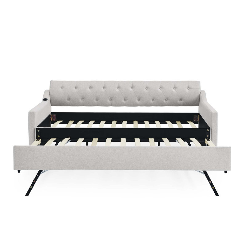 Twin Size Upholstery DayBed with Twin Size Erectable Trundle and USB Charging Design, Beige