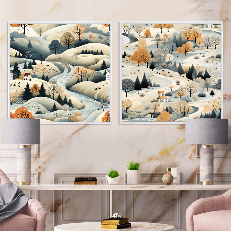 Summer Scandinavian Landscape - Ensemble de 2 collages carrés, Cadre flottant blanc, H 16 po x l 33 po