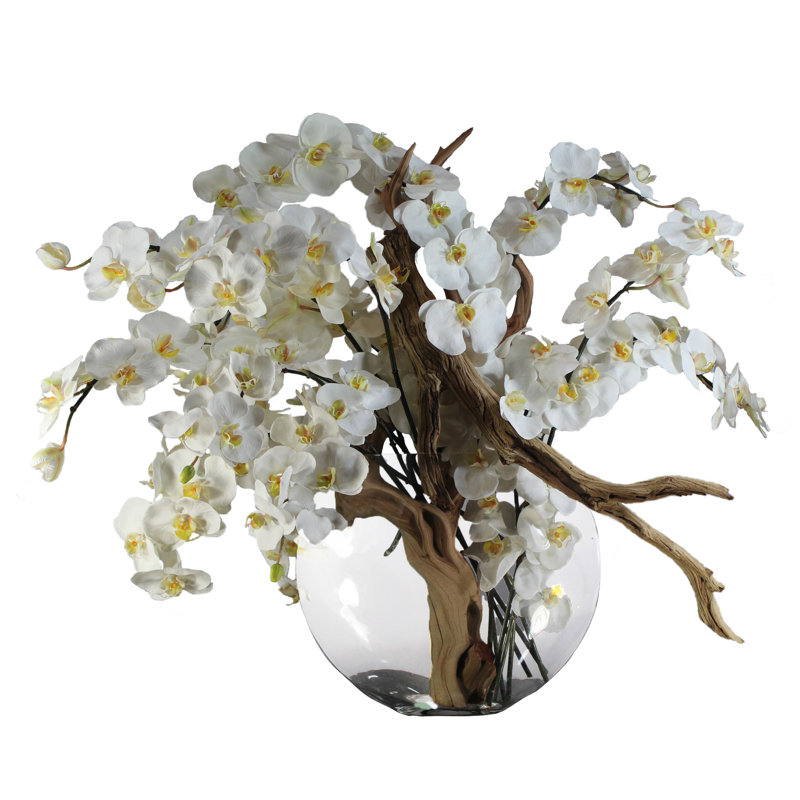 Centre de table orchidées phalaopsis et californien sablé dans un vase