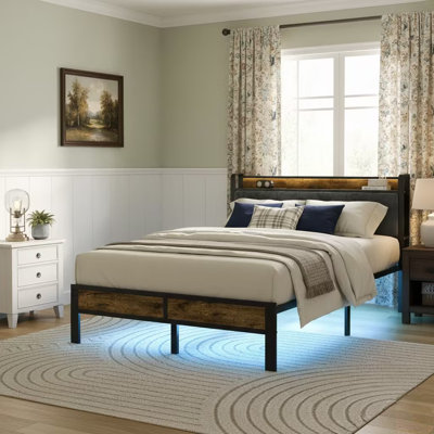 Carlno Twin Bed Frame with Headboard, Metal Platform Bed with Smart LED Lights and USB Charging Station Kenessa