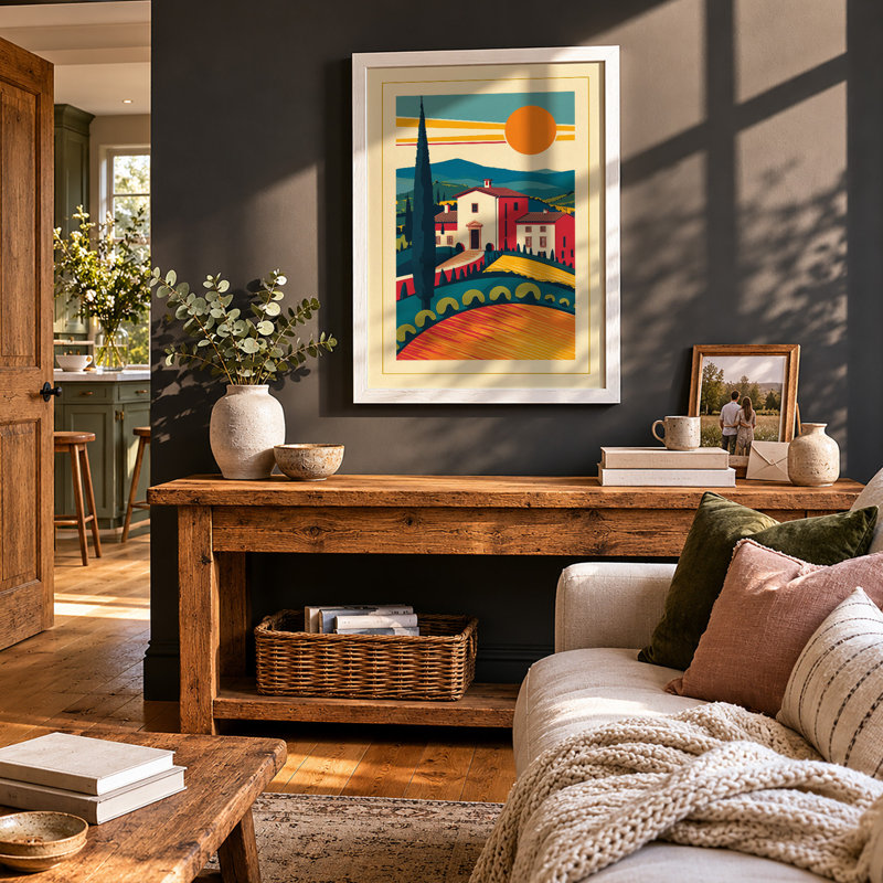 Mediterranean Village In Gold Retro - Print, Unframed, A4 - 29.7 x 21.0 cm