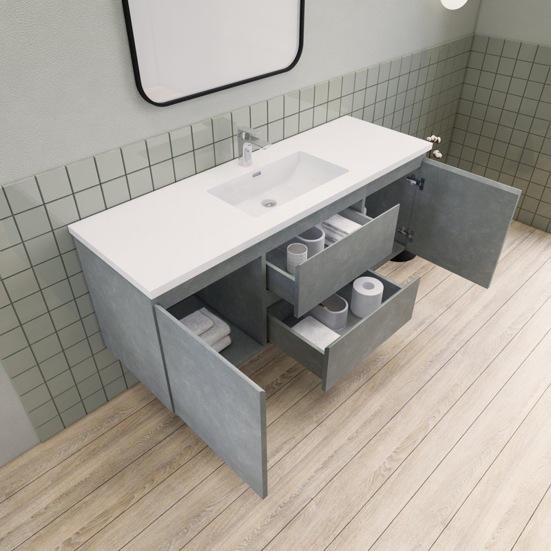 Meuble-lavabo de salle de bain flottant 60 po Alcester Ivy Bronx, Gris ciment
