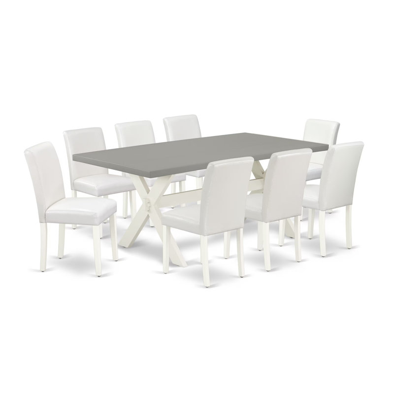 9 Piece Dining Table Set Includes a Rectangle Kitchen Table with X-Legs and 8 White Faux Leather Parson Dining Room Chairs, 40x72 Inch, Multi-Color