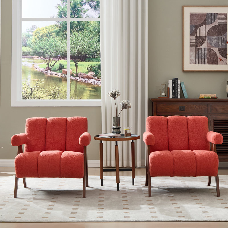 Modern Upholstered Accent Armchair Living Room Chair With Sherpa Arms, Orange Sherpa Fabric, 2 Set, Orange
