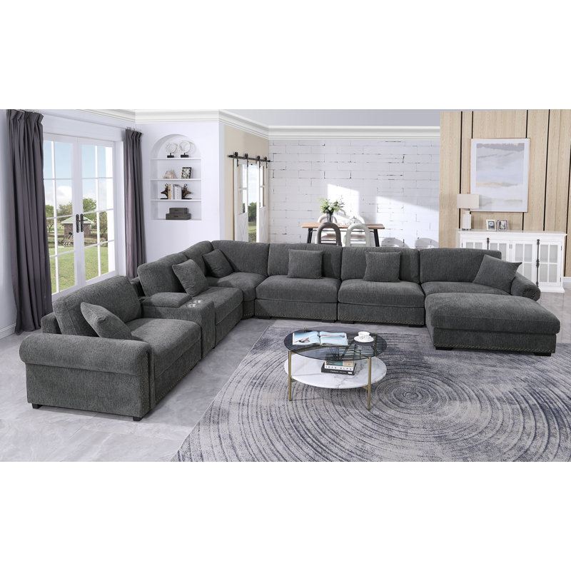 Stimpson 7-Seater Modular Sectional with Cup Holders, Dark Gray Chenille