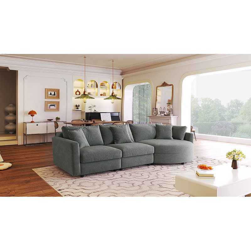 Canapé modulaire en chenille 3 pièces 107 po avec méridienne courbée et 3 coussins décoratifs 107 po, Gris