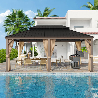 Pavillon de jardin d'extérieur à toit rigide en acier à 2 niveaux de 15,8 pi x l 11,9 pi avec protection totale en filet