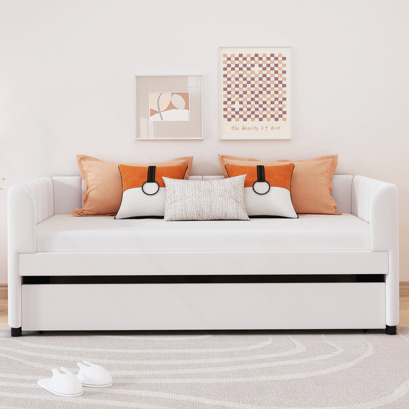 Upholstered Daybed with ErgoNomic Design Backrest and Trundle, Beige