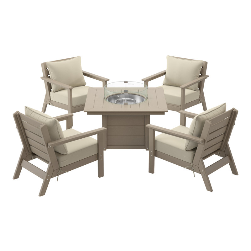 Ensemble de conversation à assise profonde 5 pièces avec foyer carré, 5 Pcs: Table, 4 Chairs, Beige, White Wash