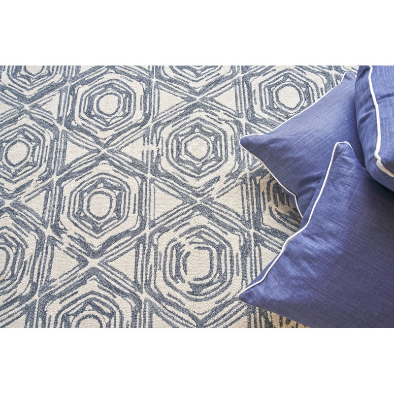 Caprice Wool Geometric Area Rug, Rectangle 5' x 8', Ivory/Dark Blue