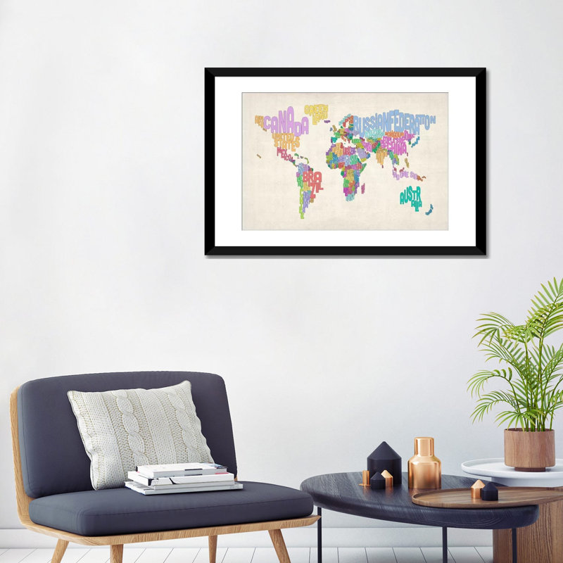 « typographie text world map » par michael thompsett, impression sur toile tendue, H 16 po x l 24 po x P 1 po, Blanc