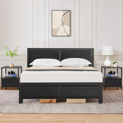 Ensemble de chambre à coucher en acier 3 pièces Laurea, cadre de lit plateforme moderne avec 2 tables de chevet, ensemble de chambre à coucher grand lit noir rustique