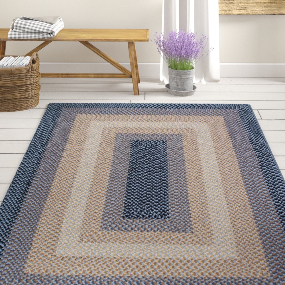 August Grove® Monnie Geometric Braided Wool Beige/Blue Area