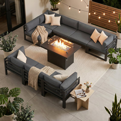 Anevaeh 8-Person Outdoor Patio All-Aluminum Sectional Conversation Set with Fire Pit Table and Cushions