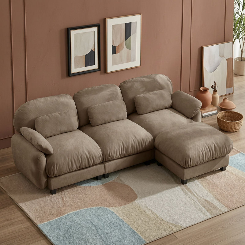 Canapé modulaire moderne en chenille avec pouf amovible, coussins lombaires, coussins en mousse haute densité et assise profonde
