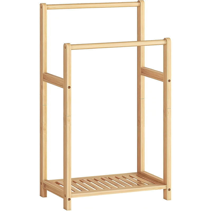 Porte-serviettes autoportant pour salle de bain, porte-couvertures décoratif en bambou à 2 niveaux, présentoir de courtepointe avec tablette de rangement