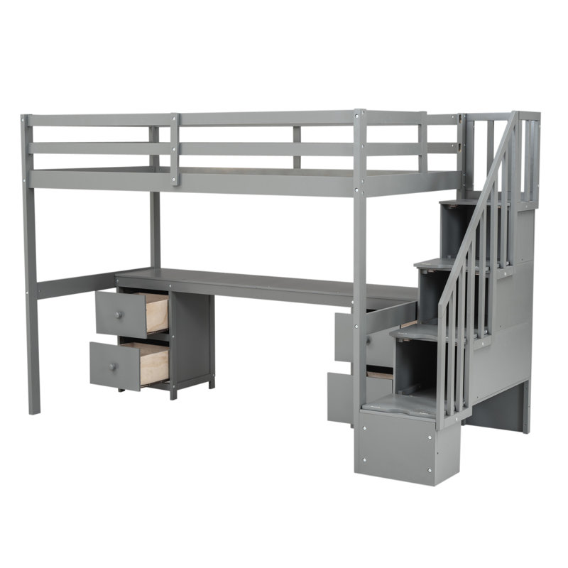 Lit mezzanine simple avec bureau et double rangement, rangement gris, Gris