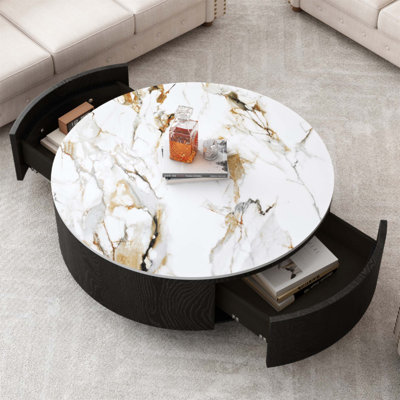 Table basse rustique ronde avec 2 tiroirs et plateau en pierre frittée