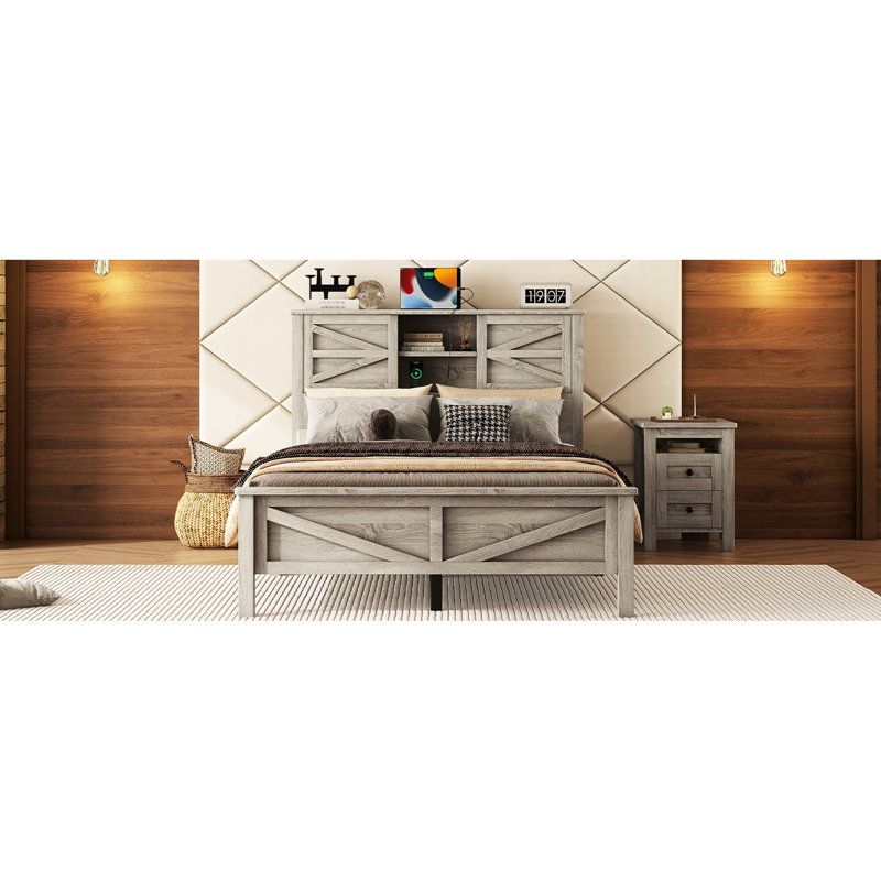 Lit plateforme Rustic, Lit double, Gris antique