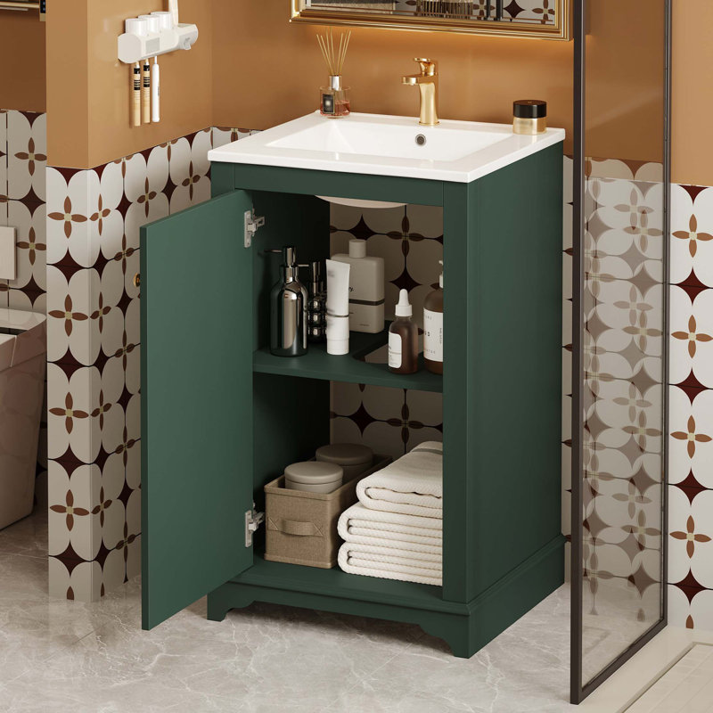 Meuble-lavabo de 20 po avec lavabo en céramique, ensemble de meuble-lavabo simple autoportant avec porte à fermeture douce, tablette réglable, style moderne