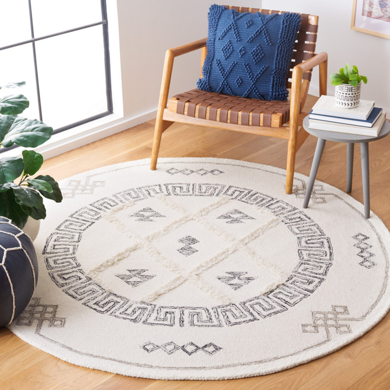 Dajanai Hand Tufted Wool/Cotton Geometric Rug in Black/Ivory, Round 6'