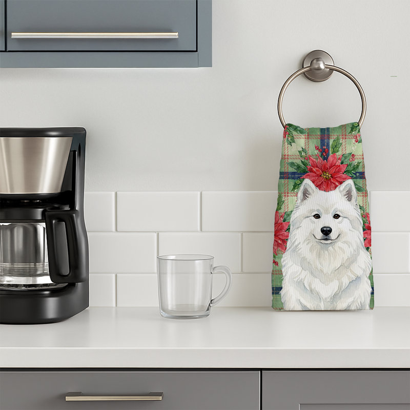 White Samoyed Christmas PoinsettIas Kitchen Towel, White Samoyed