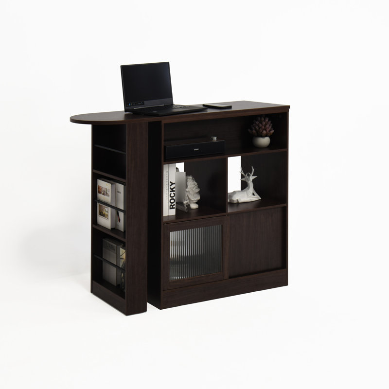 Armoire de table de bar moderne, noyer, avec 6 fentes de rangement et 2 panneaux de verre avec armoires pivotantes sur les côtés, aspect noyer